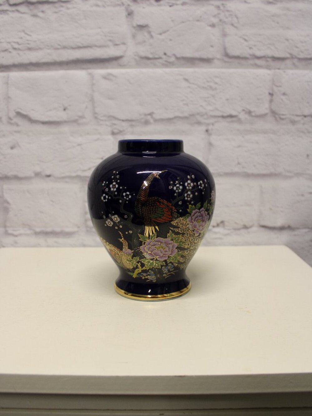 Vintage Cobalt Blue Porcelain Japanese Vase Hand Painted Peacock Floral Gold